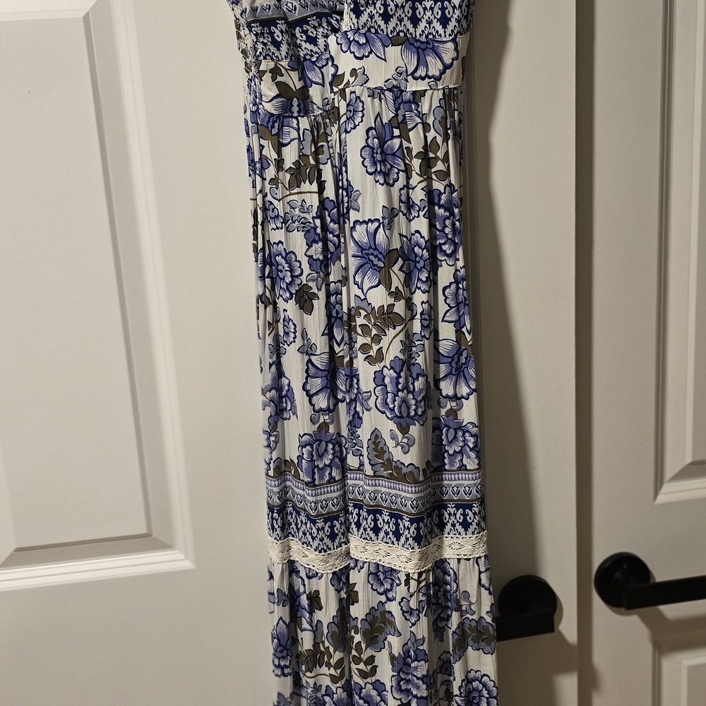 Blue Floral Maxi Dress with Crochet Trim